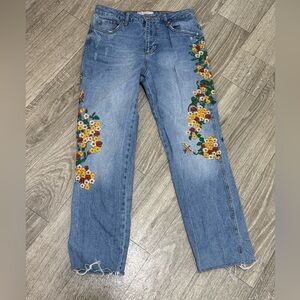 Free People Womens Embroidered Bird Floral Girlfriend Jeans